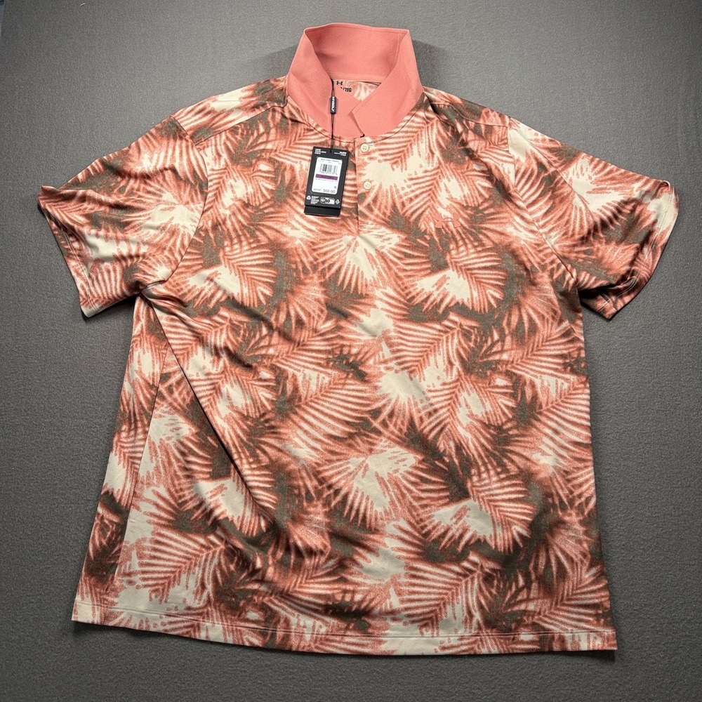 Under Armour Matchplay Printed Polo Mens 2XL Coral Tropical Palm Leaf 1377377